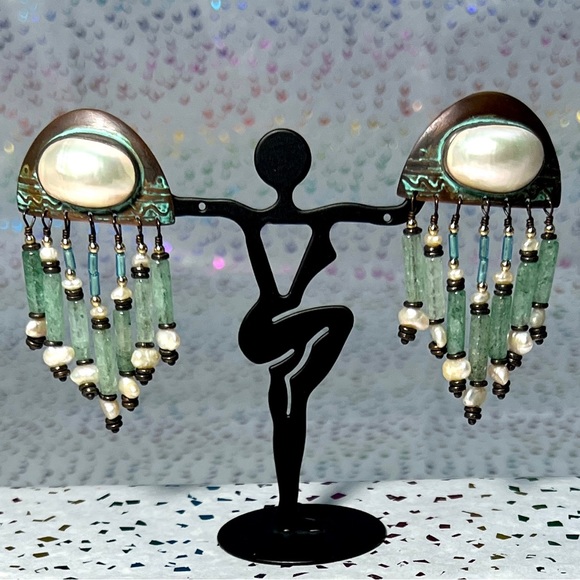 Tabra Jewelry - Vintage Tabra Signed 14k Post, Verdigris Copper Chandelier Earrings